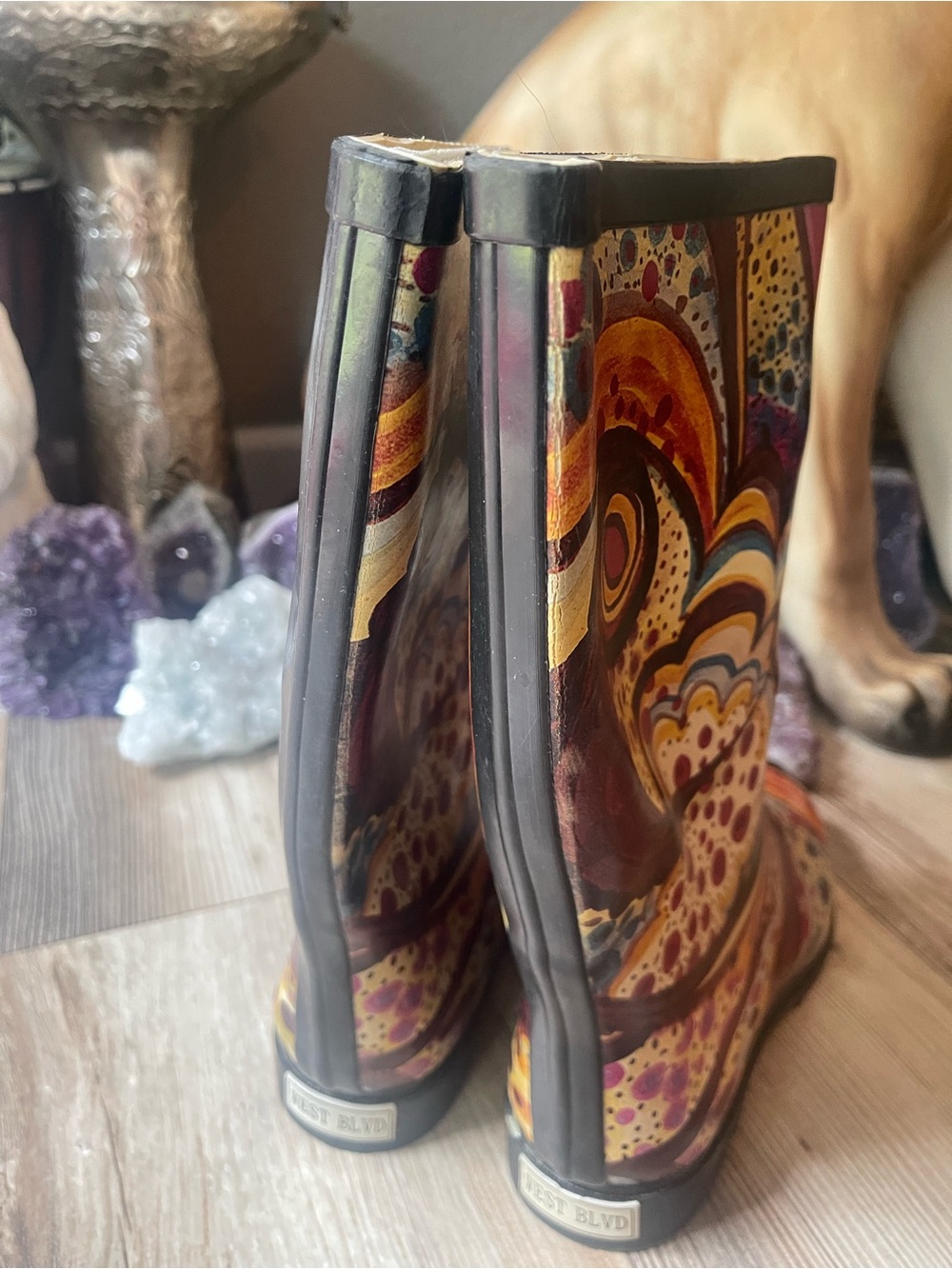 West Blvd Multicolor Swirl Pattern Rain Boots - Pink, Yellow, Burgundy - Picture 4 of 5